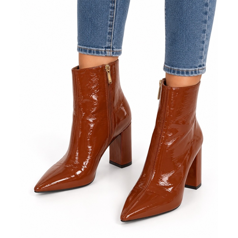 Sam Edelman Burnt Orange Patent Leather Pointed Toe Block Heel Ankle Boots 7.5